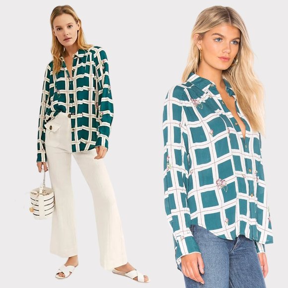 Free People Women's Window To My Heart Button Down Green Blouse Top Shirt Size M - Picture 2 of 16